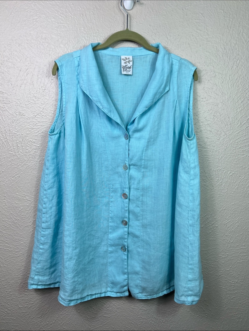 Match Point Linen Light Blue Sleeveless A-Line Button Front Blouse XL